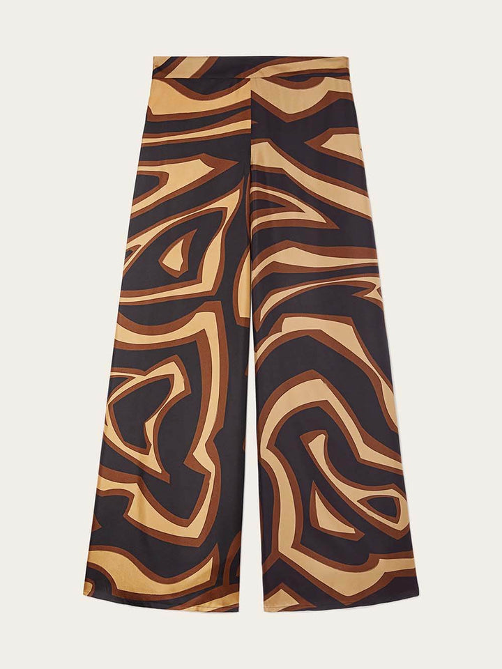 Unique Swirl Print Satin Twill High-Waist Wide-Leg Pants
