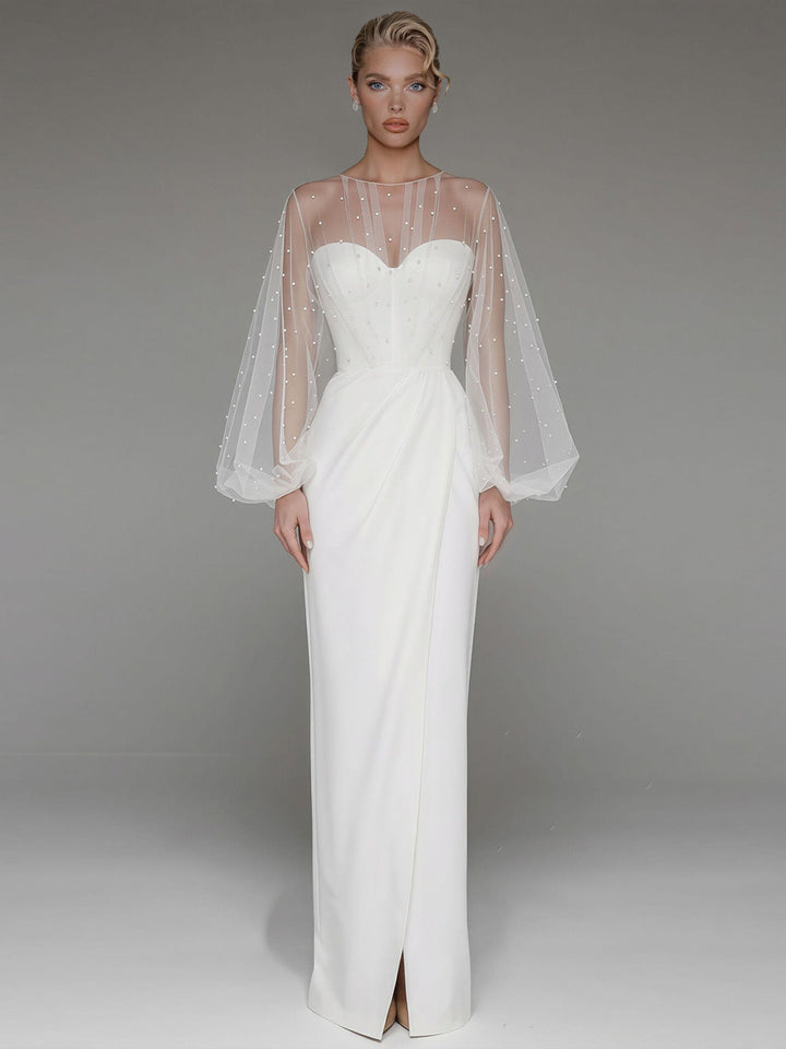 Elegant Beaded Sheer Sleeve Maxi Dress