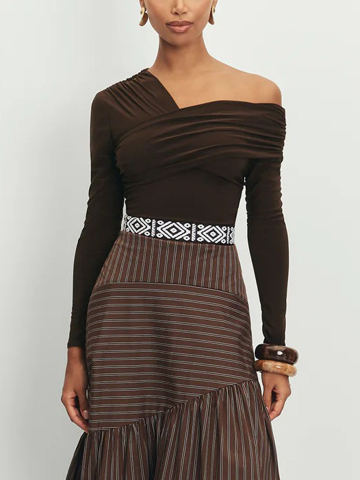 Retro Irregular Cut Striped High Waist Midi Skirt