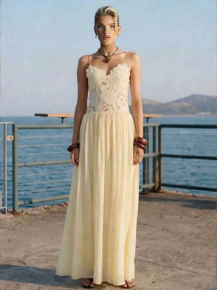 Elegant Lace Spaghetti Strap Floral Appliqu¨¦ Maxi Dress