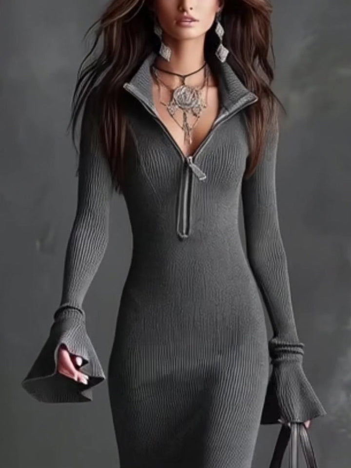 Casual Square Neck Zipper Fishtail Knit Midi Dress