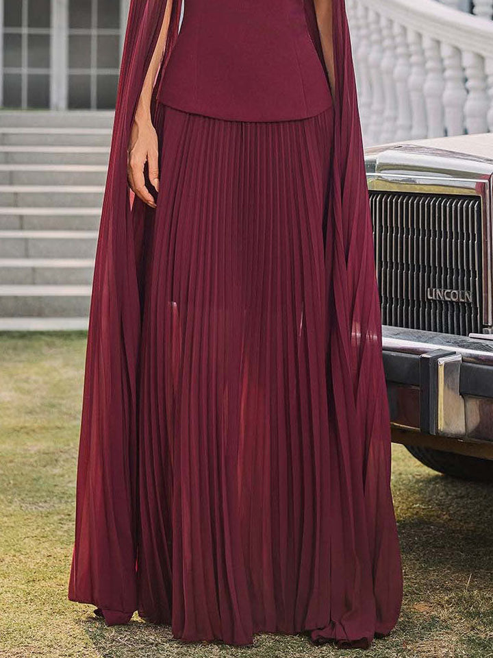 Elegant Off-shoulder Pleated Shawl Maxi Skirt Set