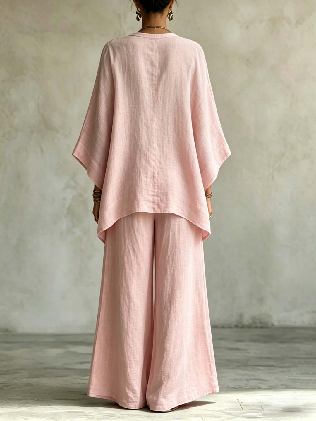 Casual Embroidered V-Neck Batwing Sleeve Shirt Two-Piece Set