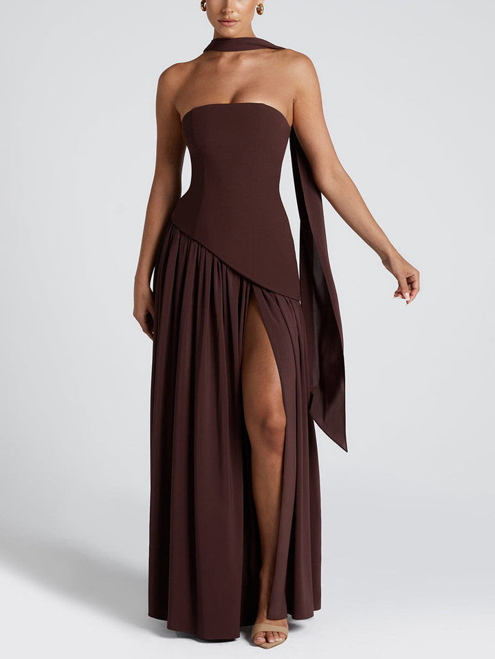 Elegant Wrap-Pleated High Slit Maxi Dress