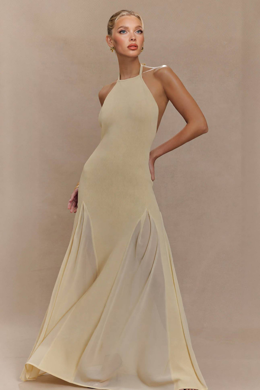 Halter-Neck Knit Tulle Spliced Maxi Dress