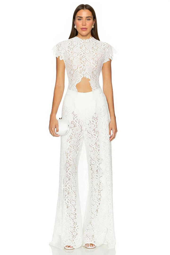 Lace Long-sleeved Top And Wide-leg Pants Set
