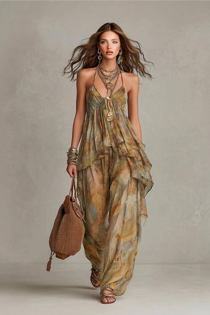 Printed Sling Top And Wide Leg Pants Set