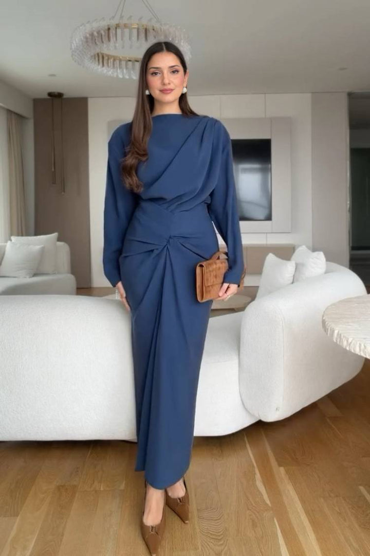 Boat Neck Pleated Slim Fit Maxi Dress