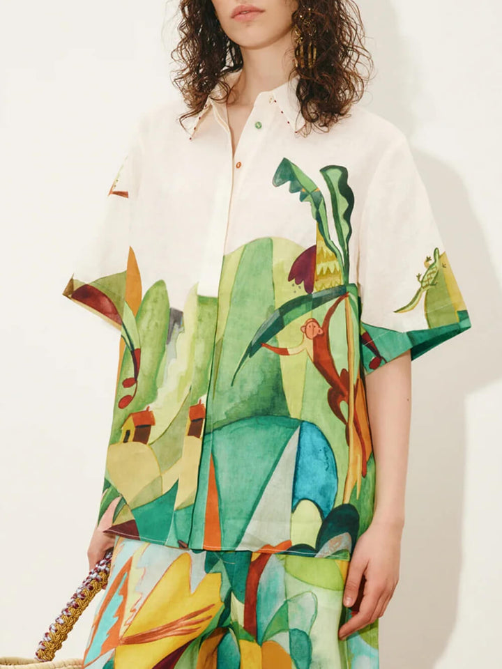 Unique Modern Linen Abstract Print Loose Wide-Leg Pants