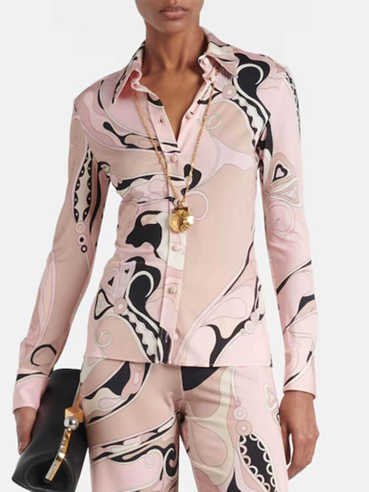 Unique Floral Print Fitted Button Shirt & Elastic Waist Straight-Leg Pants Set