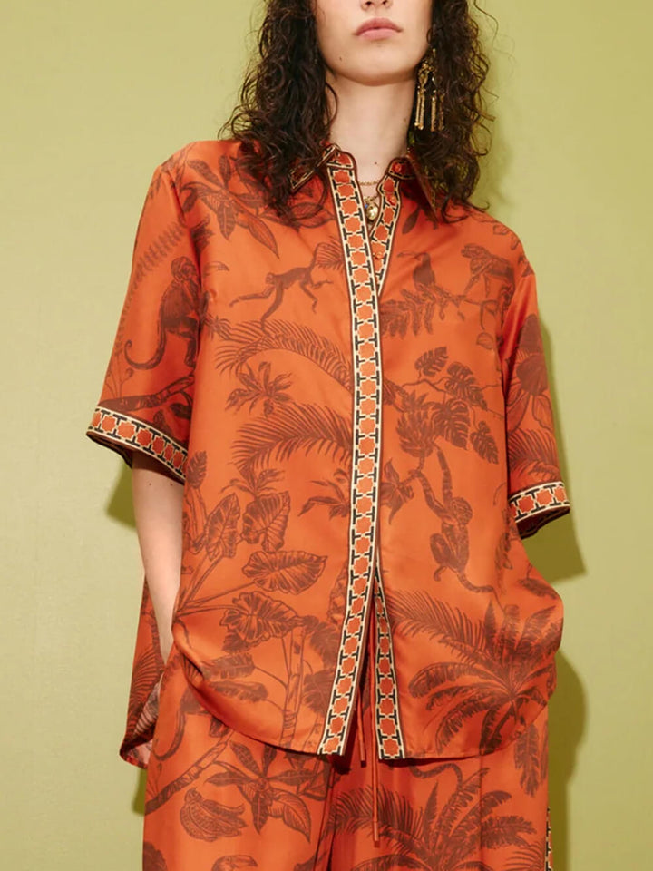 Unique Animal Print Satin Back-Slit Tie-Waist Loose Shirt