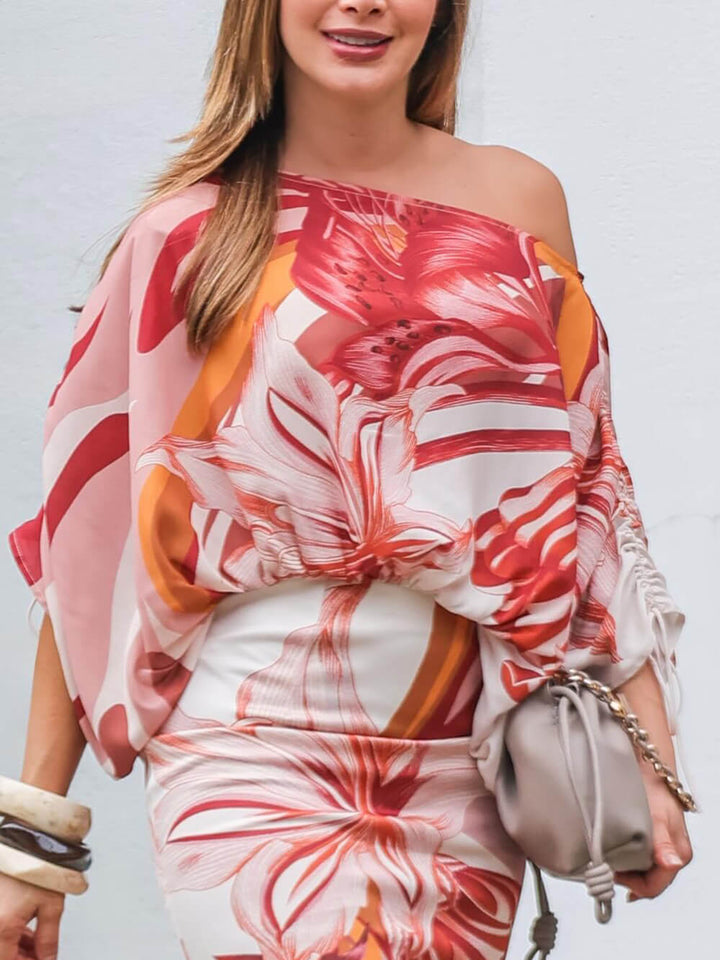 Exquisite Slit Floral-Print Elastic-Waist Midi Skirt