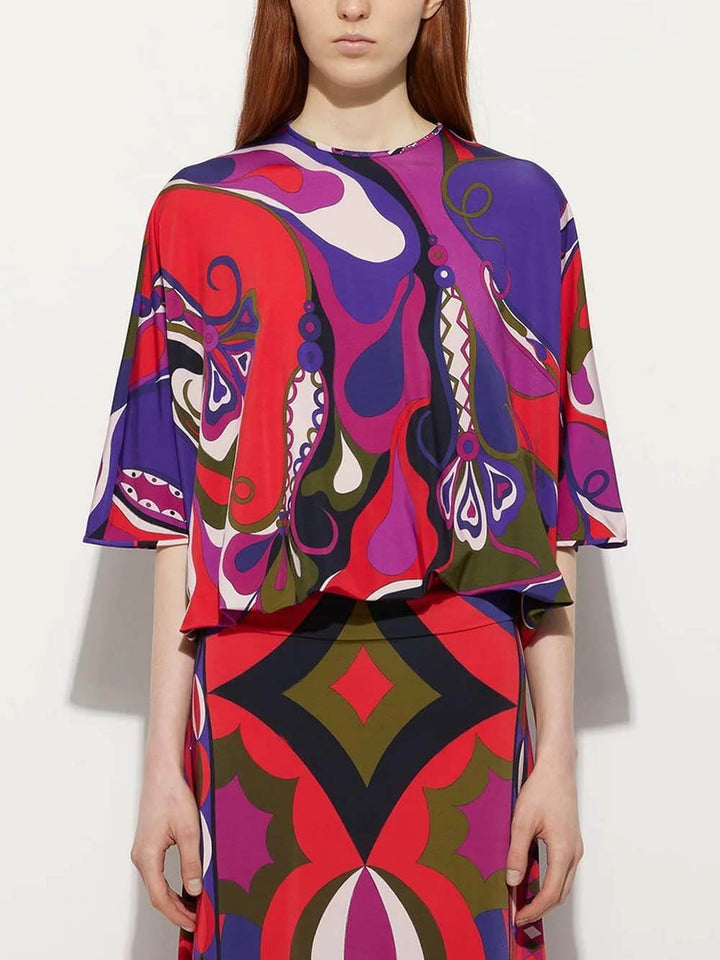 Unique Satin Rainbow Print Round-Neck Tie-Down Loose Blouse
