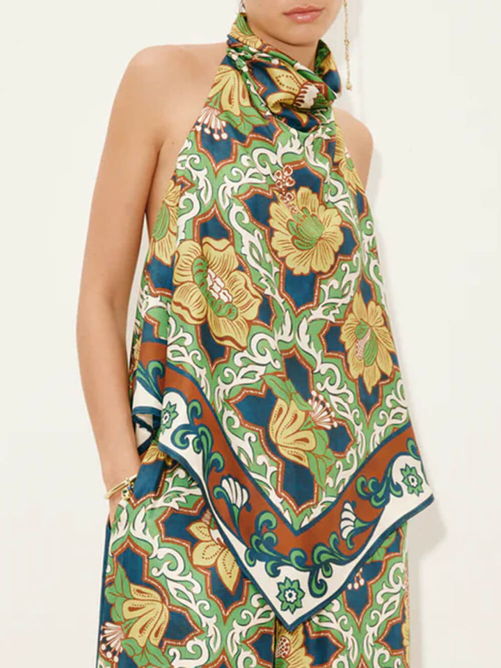 Modern Satin Asymmetric Print Backless Camisole And Pocket Wide-Leg Pants Set