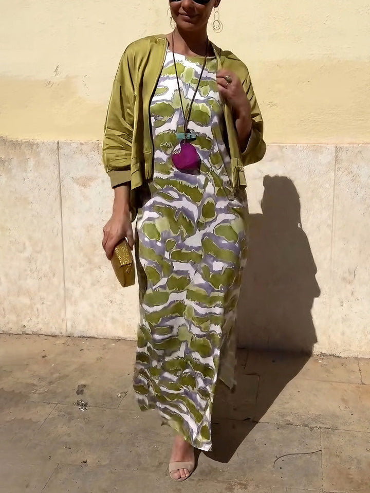Fashion Satin Tie-Dye Printed Slit Vest Maxi Dress