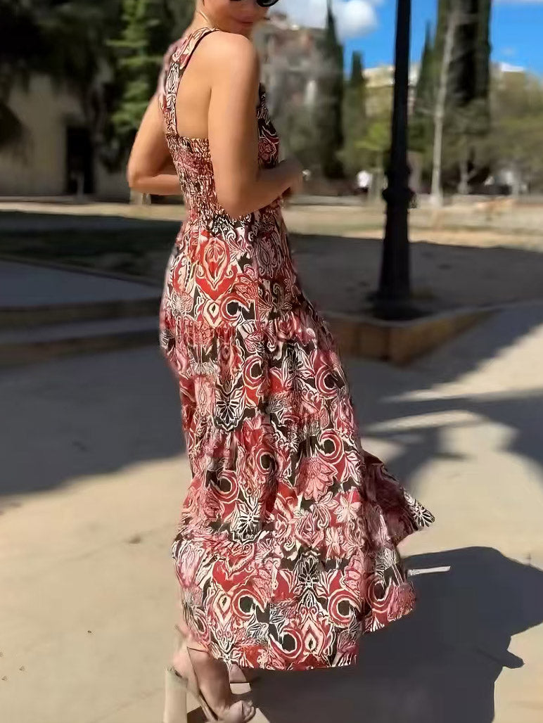 Vintage Ethnic Print Layered Midi Dress