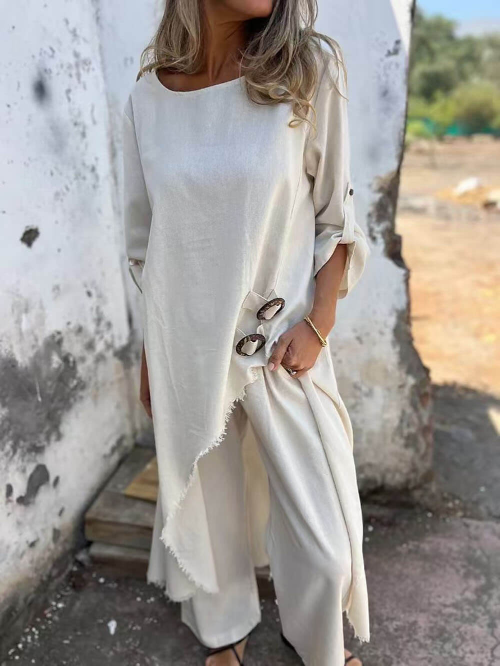 Casual Unique Irregular Button Decoration Robe Pocket Elastic Pants Set