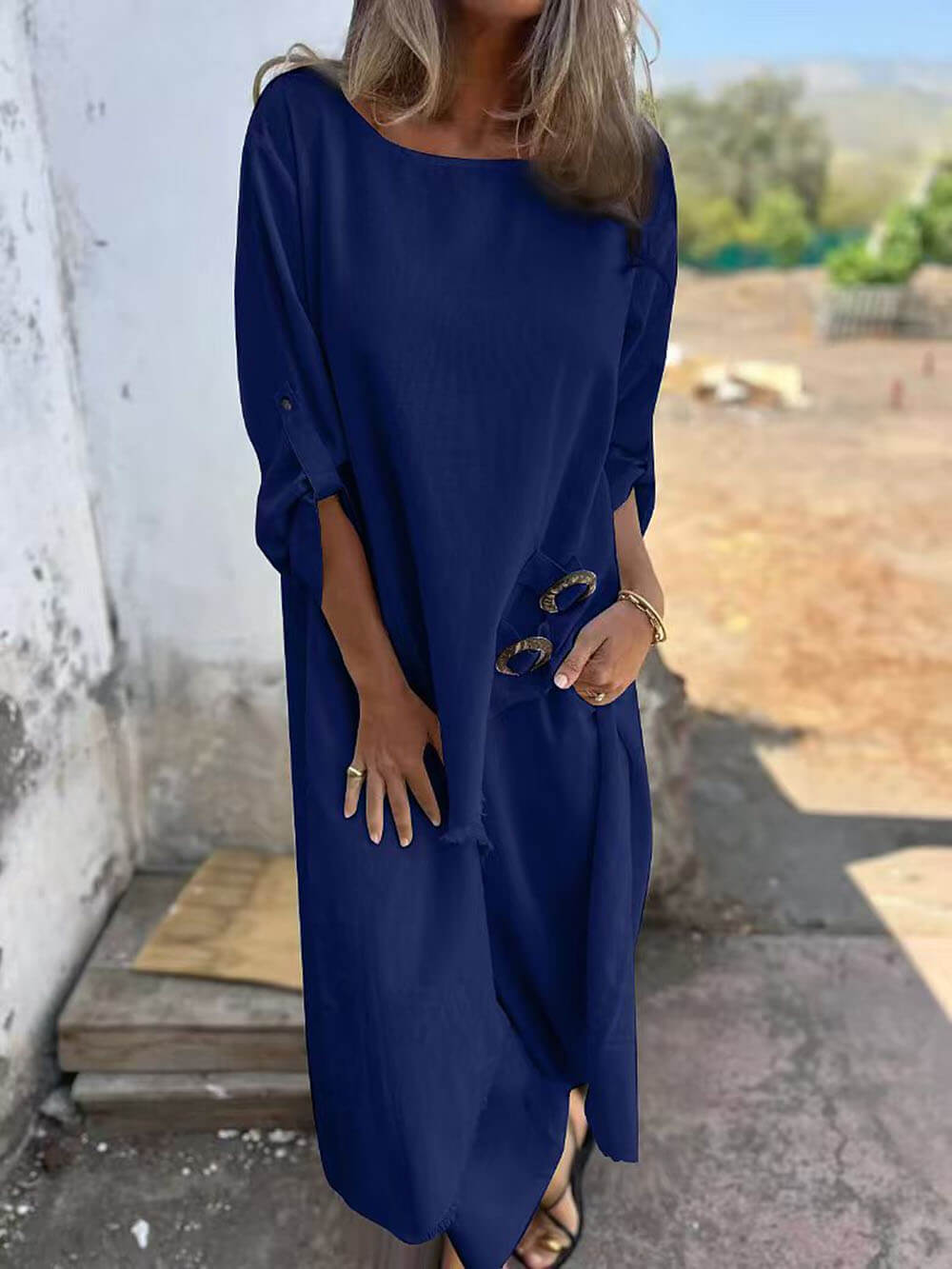 Casual Unique Irregular Button Decoration Robe Pocket Elastic Pants Set