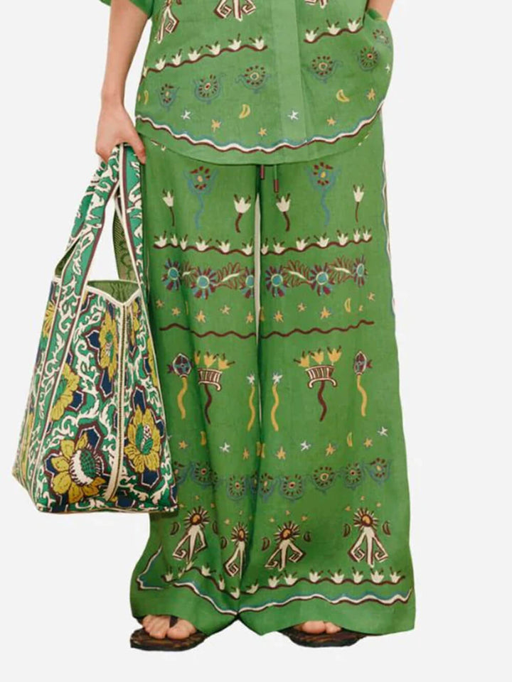 Unique Casual Sunny Dancer Print Button-Up Shirt Fitted Waist Loose Wide-Leg Pants Set