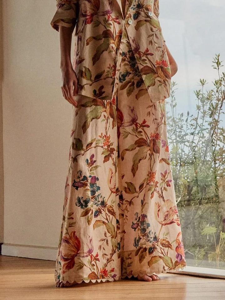 Exquisite Retro Floral Print Lapel Blazer Loose Pocket Wide-Leg Pants Set