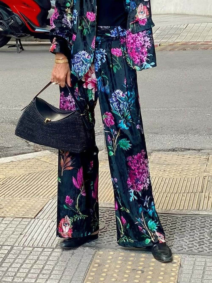 Retro Floral Print Blazer & High-Waist Wide-Leg Pants Set