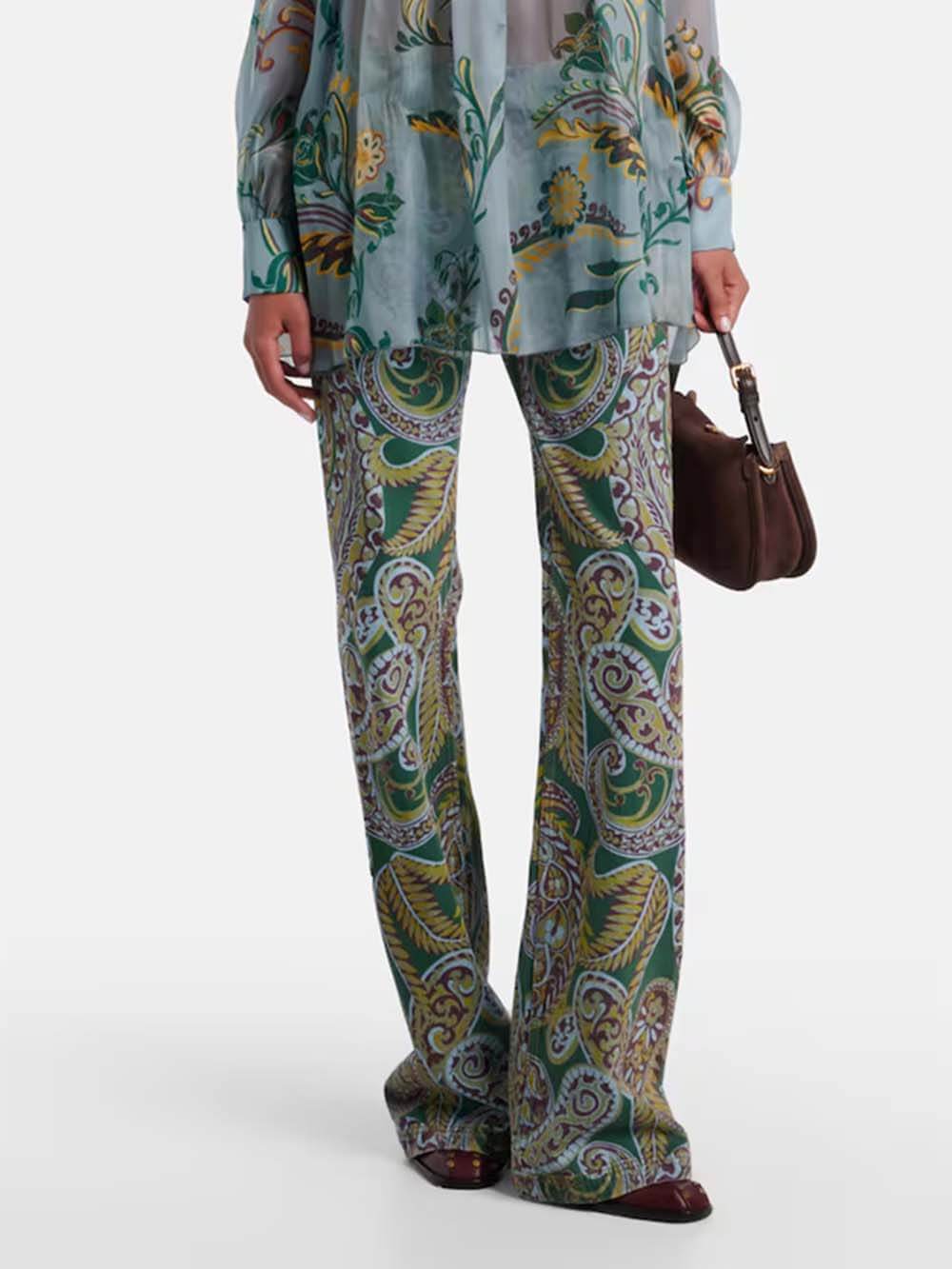 Delicate Floral Pleated Chiffon Blouse High-Waist Straight-Leg Pants Set