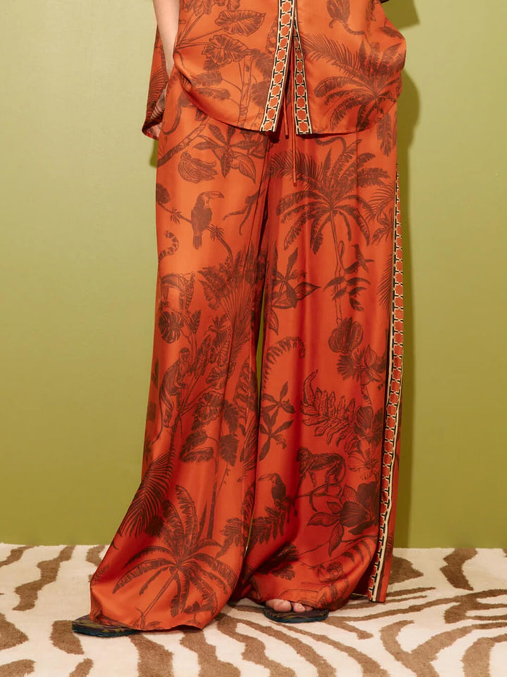 Unique Animal Print Satin Elastic Waist Side Seam Pocket Wide-Leg Pants