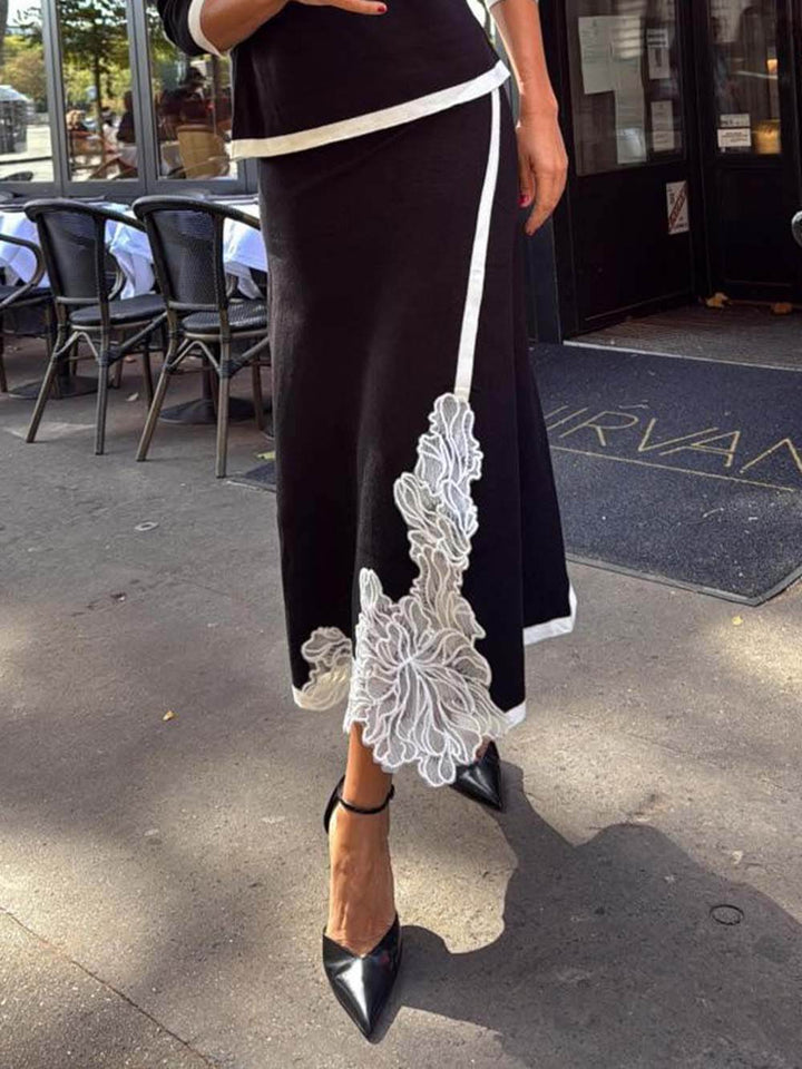 Classic Colorblock Lace Floral Midi Skirt