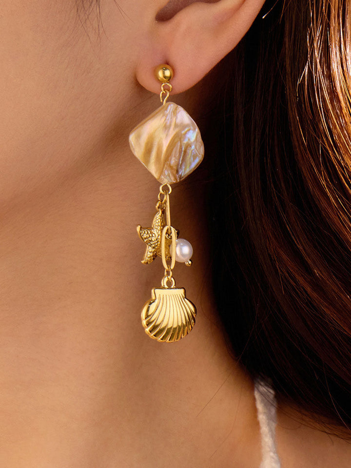 Shell And Starfish Pendant Tassel Pearl Earrings