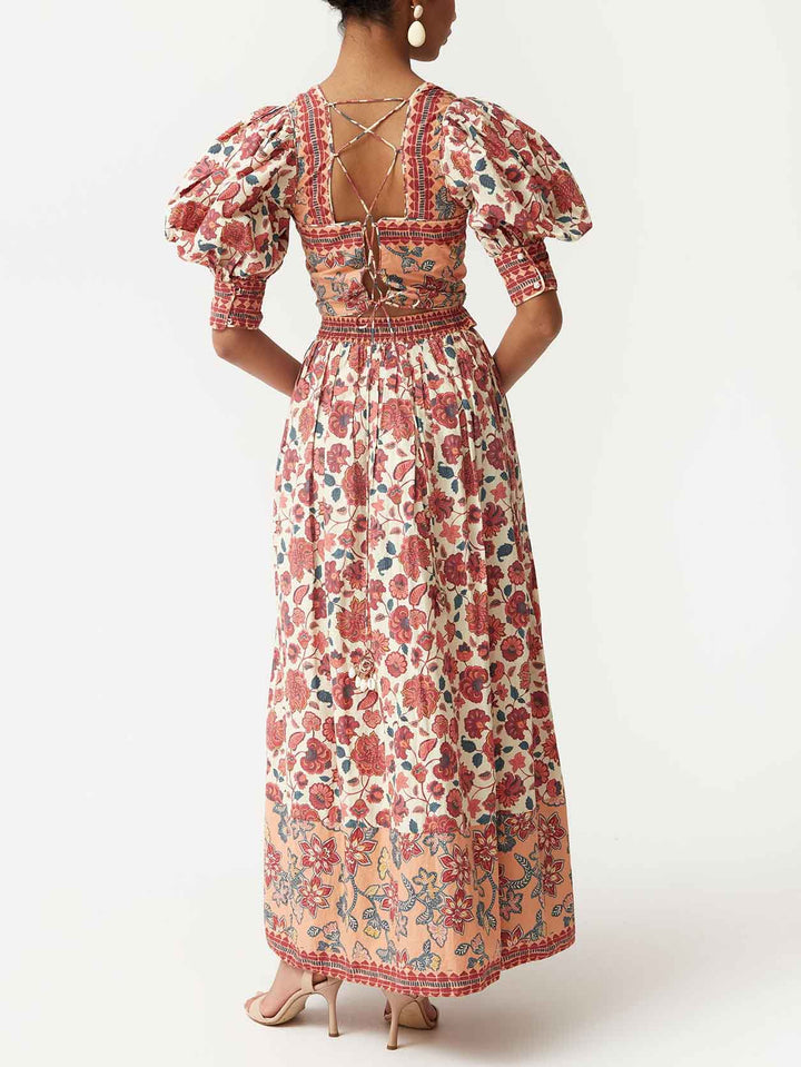 Retro Ethnic Floral Print Puff Sleeve Short Shirt