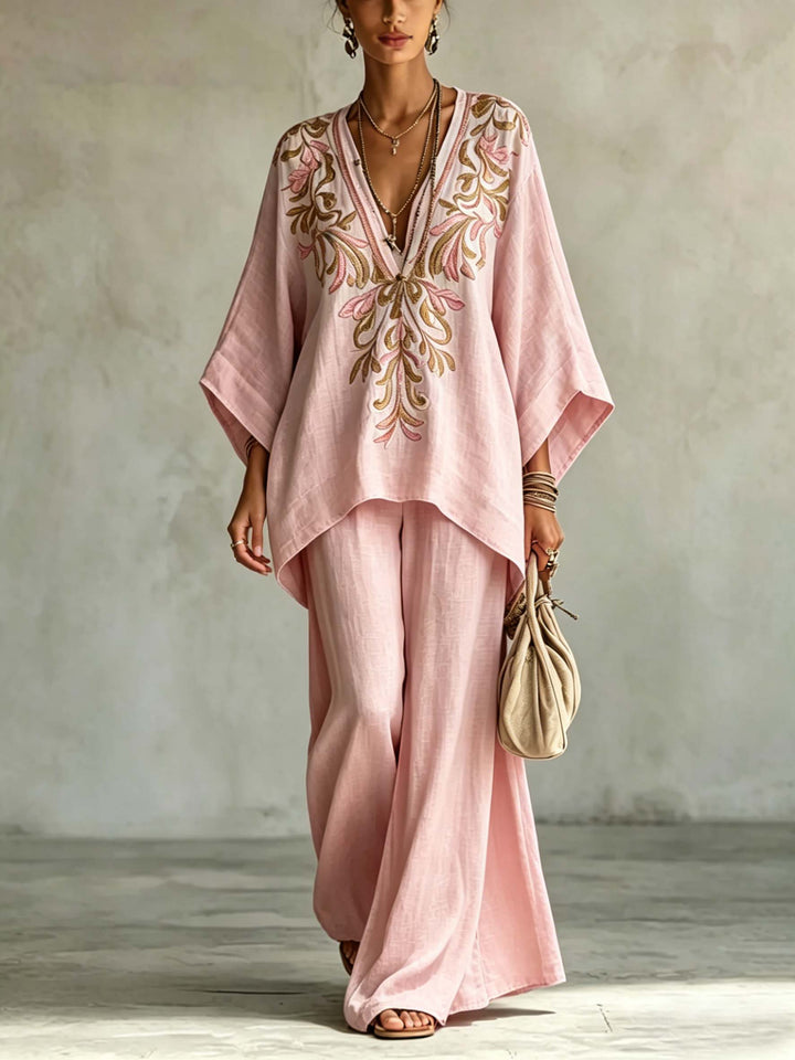 Casual Embroidered V-Neck Batwing Sleeve Shirt Two-Piece Set