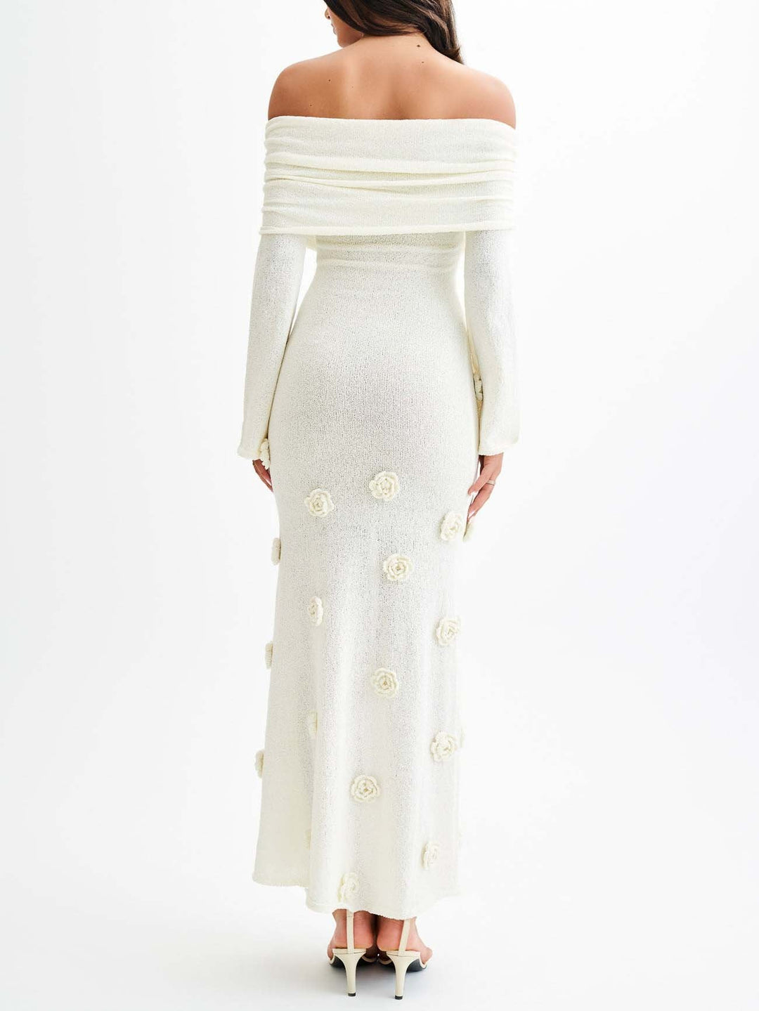 Elegant Off-shoulder Knitted Rose Maxi Dress